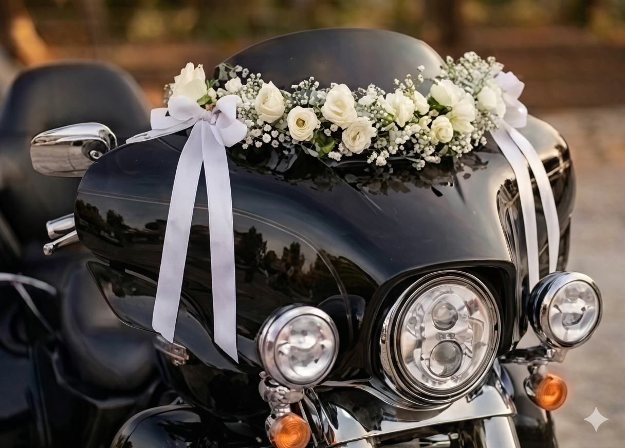 Harley Davidson decorata con fiori bianchi